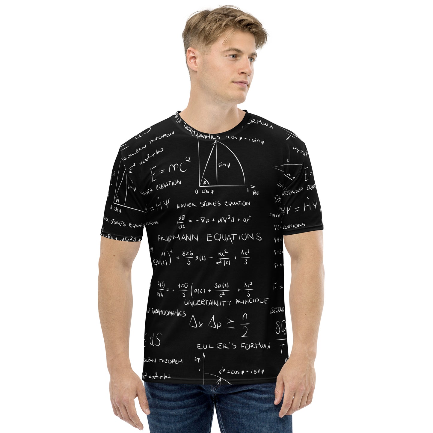 Male model wearing the All over t-shirt print of the most influential mathematical equatios