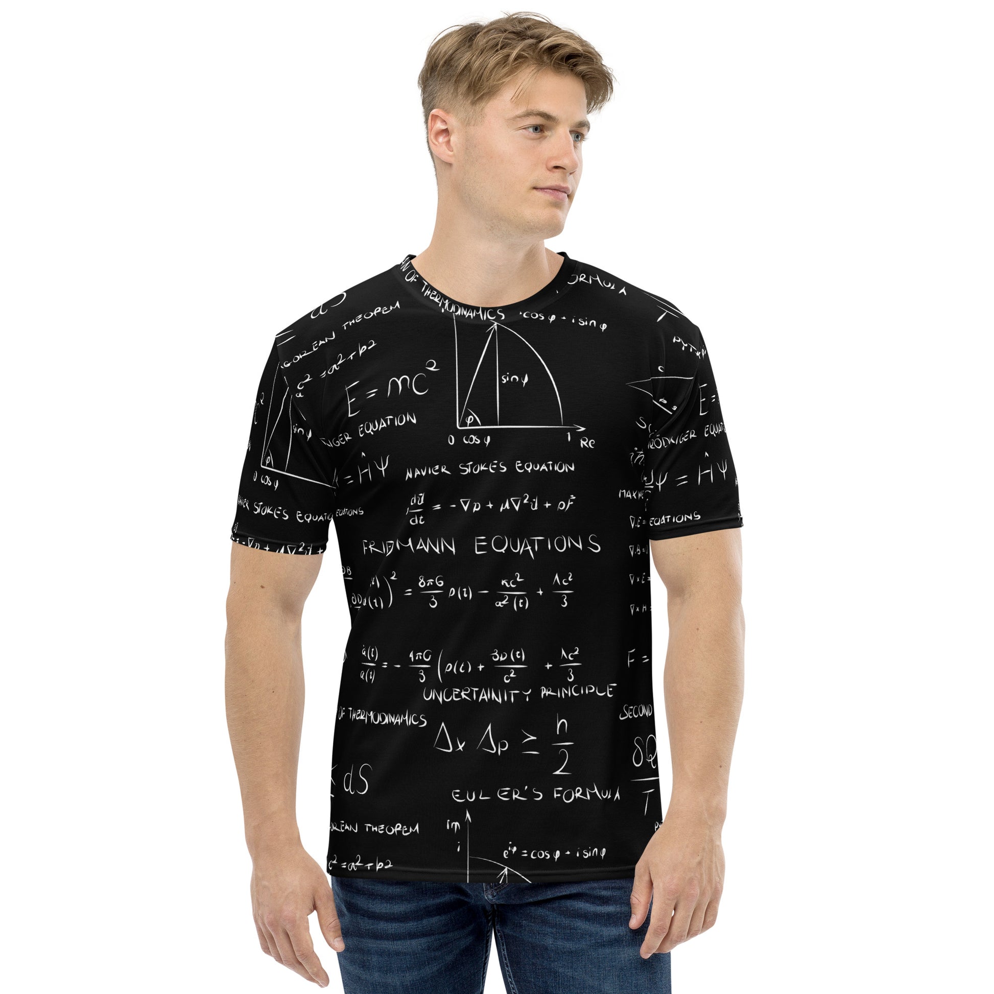 Male model wearing the All over t-shirt print of the most influential mathematical equatios