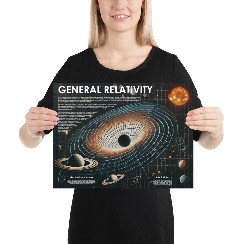 Woman holding a general relativity poster with black hole and stars