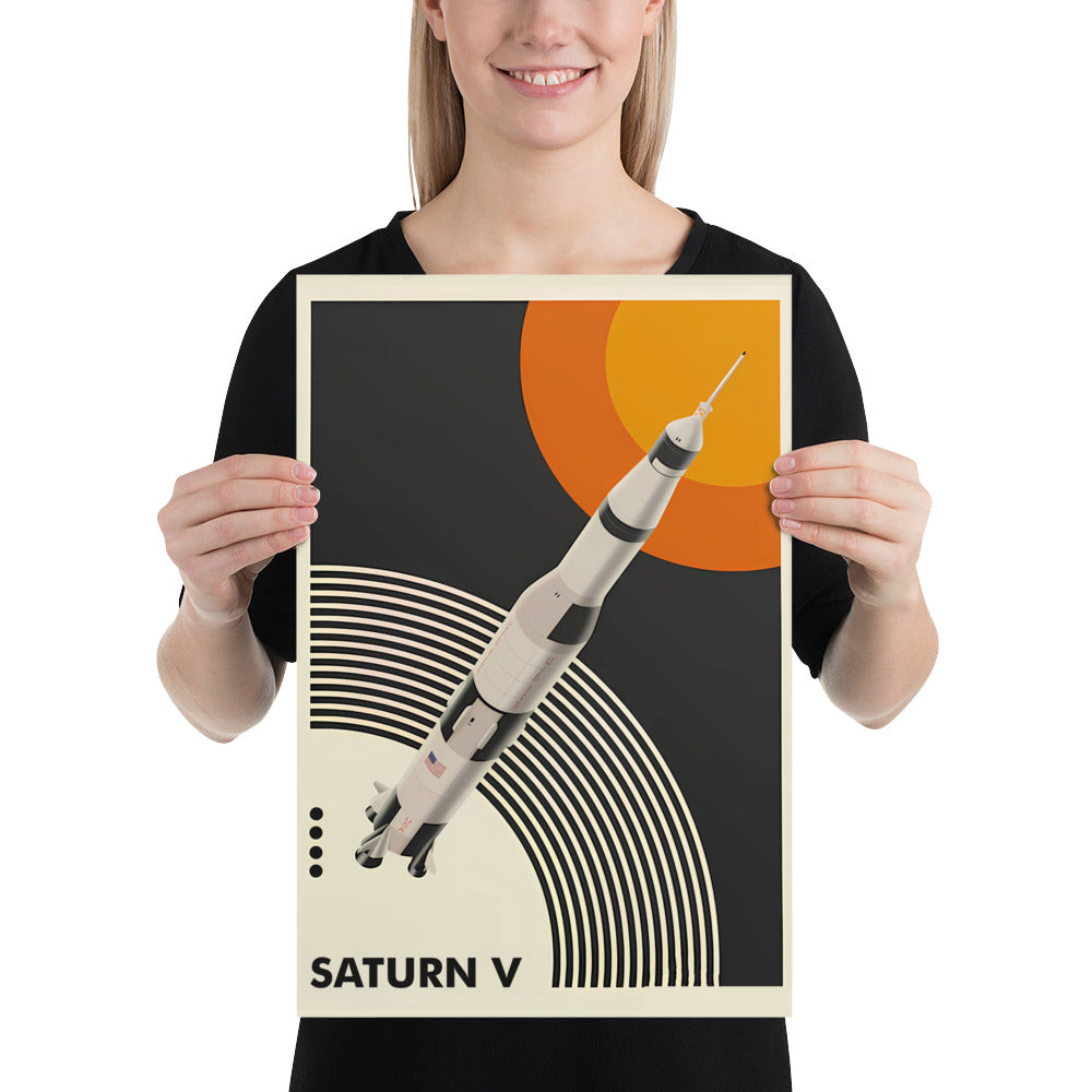 Woman holding the Saturn V vintage poster