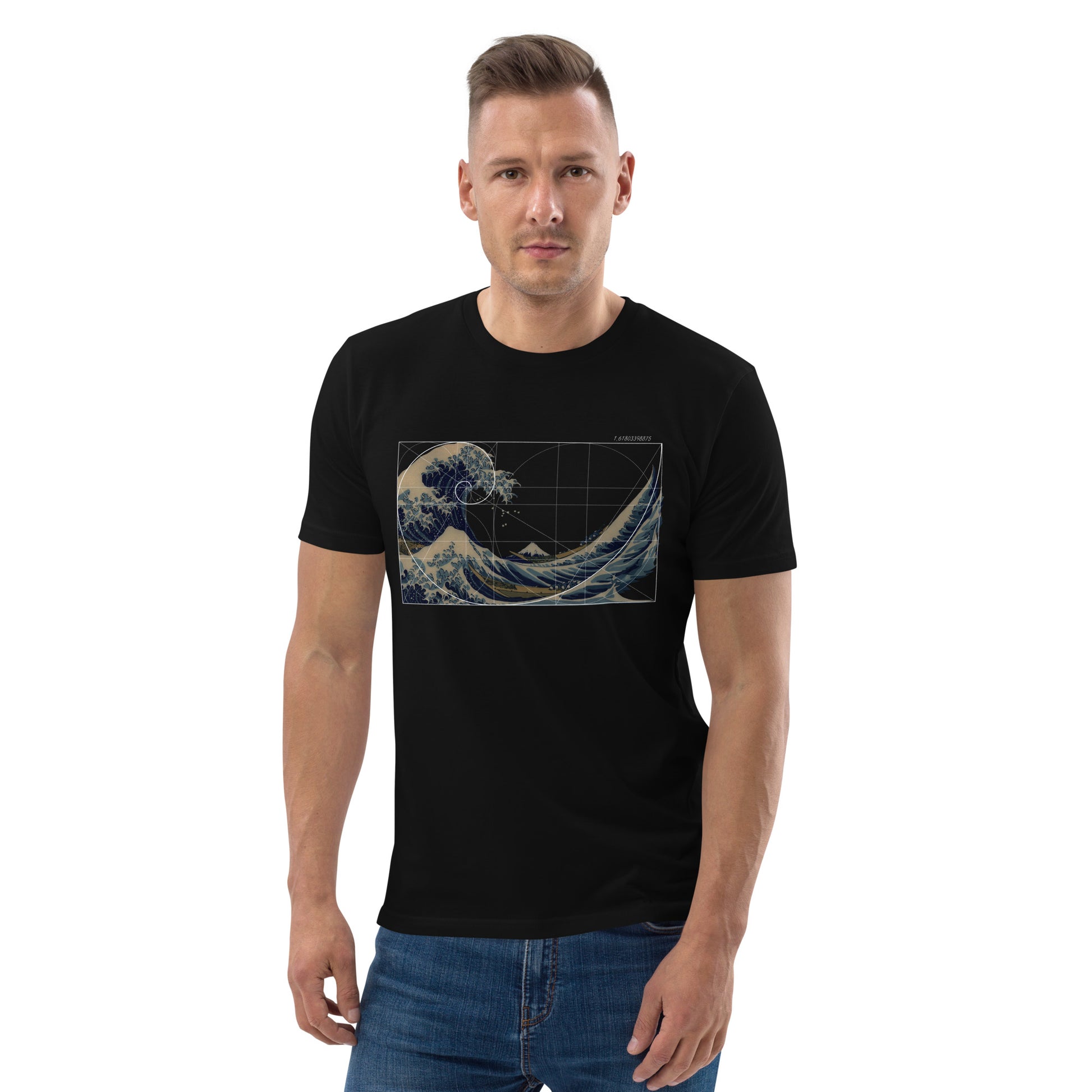 Male model with the great wave off kanagawa with fibonacci spiral black t-shirt