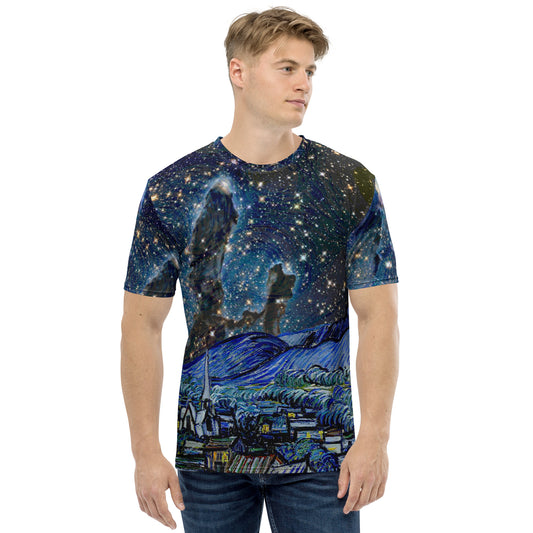 Man wearing a t-shirt with all-over print featuring Van Gogh's painting and James Webb telescope picture
