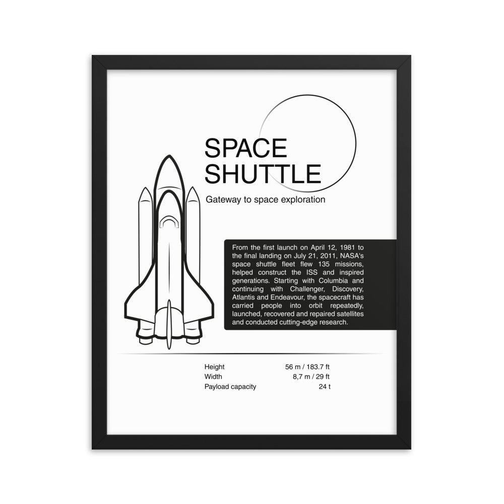 Minimalist black and white NASA poster of a space shuttle with illustration and text