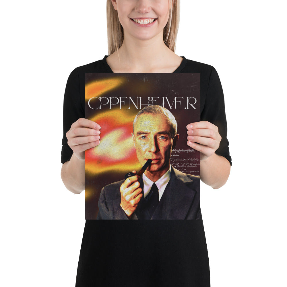 Woman holding the Oppenheimer vintage poster of a scientist