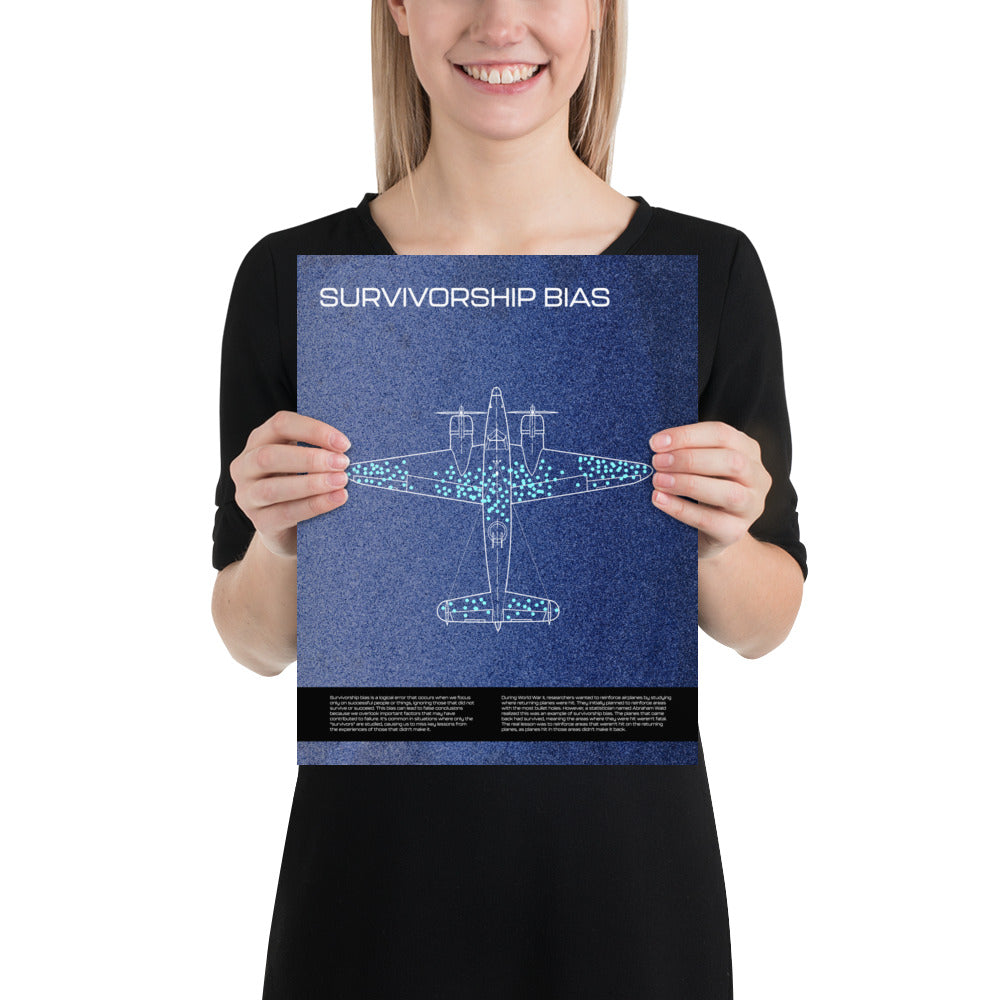 Woman holding the Informative blue survivorship bias poster