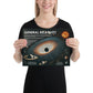 Woman holding a general relativity poster with black hole and stars