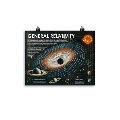 General relativity poster with black hole and stars