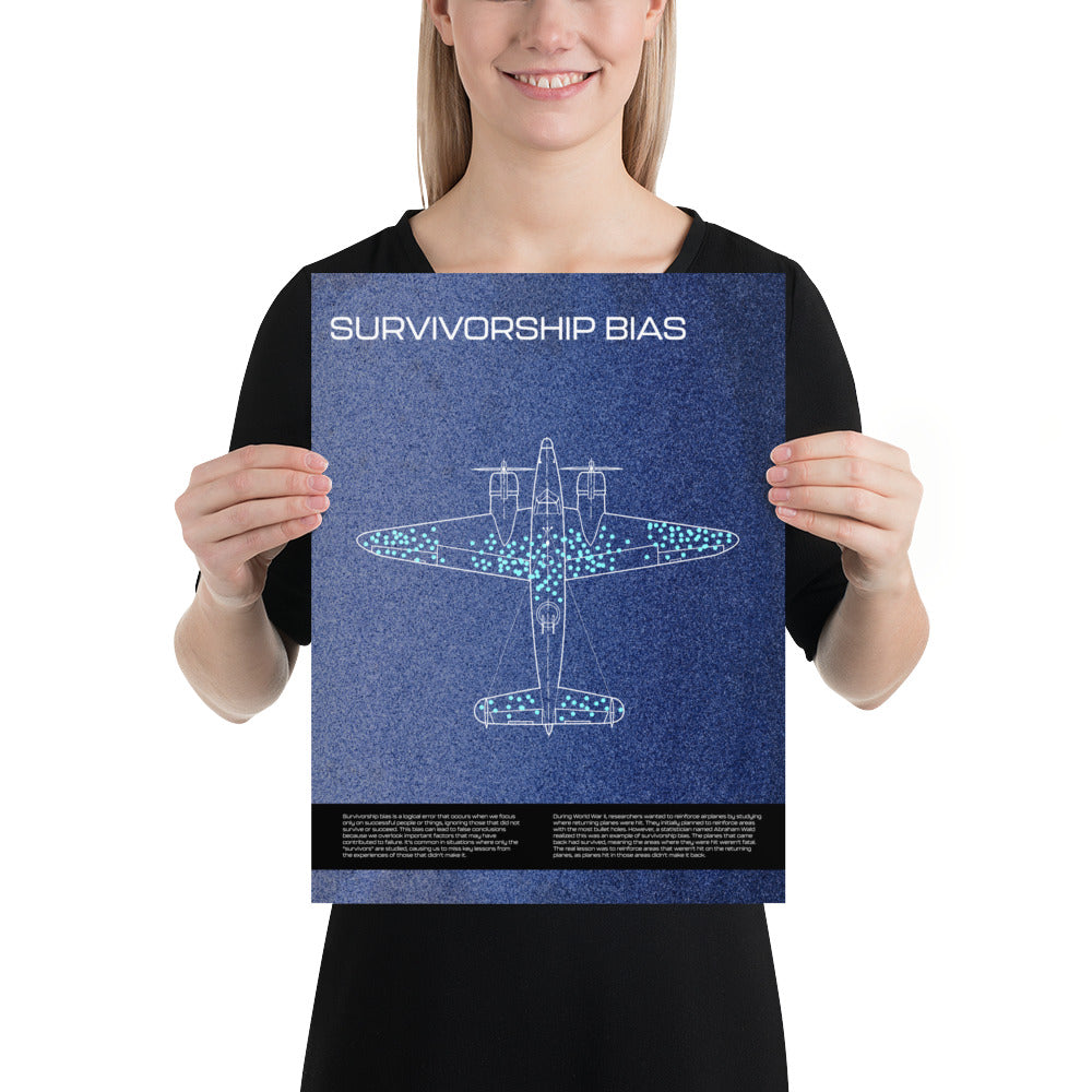 Woman holding the Informative blue survivorship bias poster