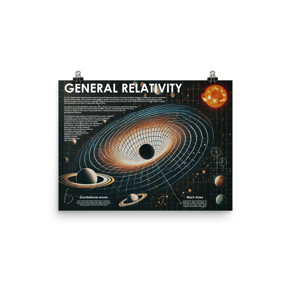 General relativity poster with black hole and stars