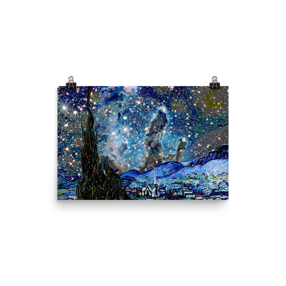 VAN GOGH STARRY NIGHT -FRAMED CANVAS PAINTING WALL ART PICTURE PAPER  PRINT-BLUE