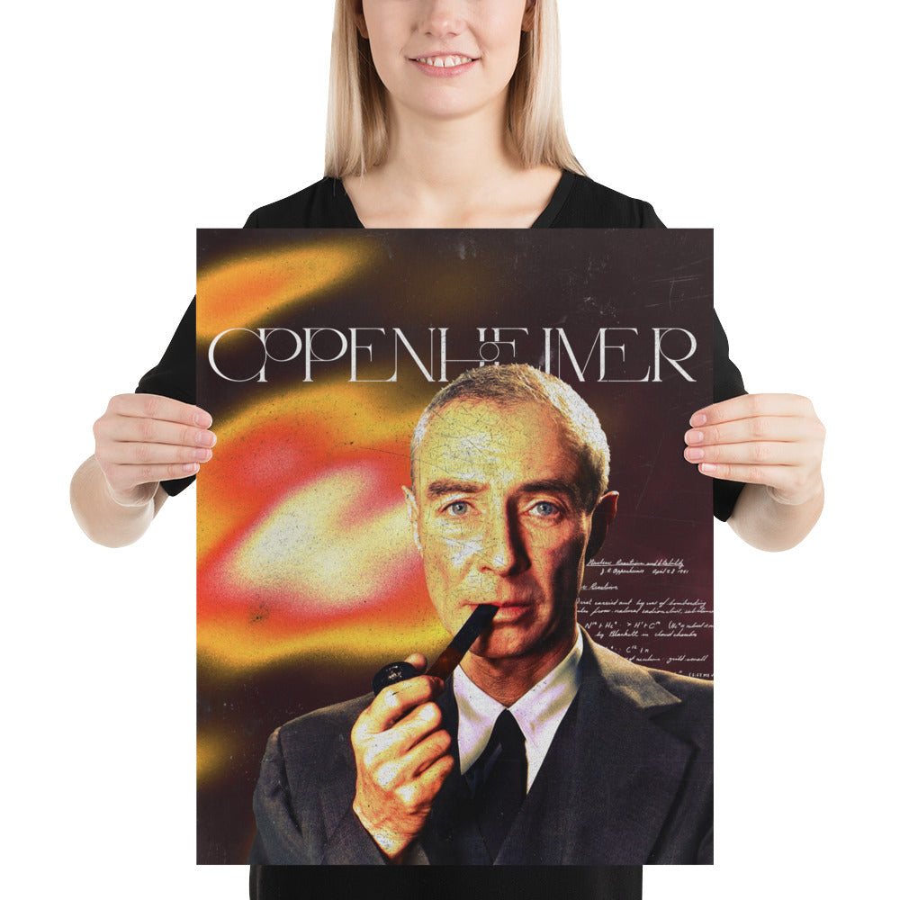 Woman holding the Oppenheimer vintage poster of a scientist