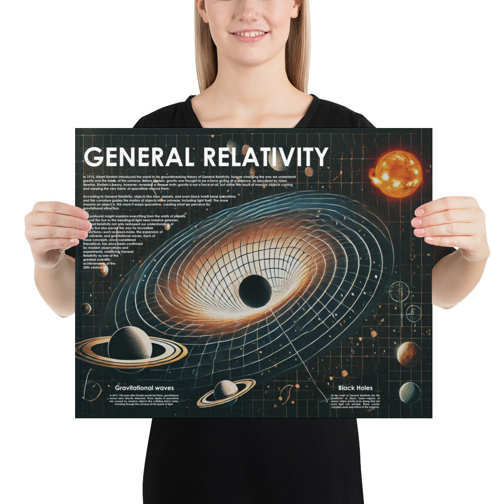 Woman holding a general relativity poster with black hole and stars