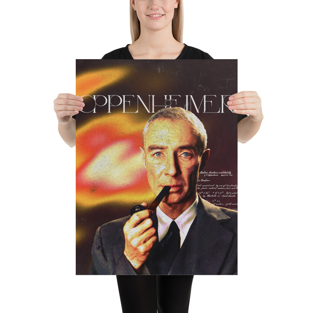 Woman holding the Oppenheimer vintage poster of a scientist