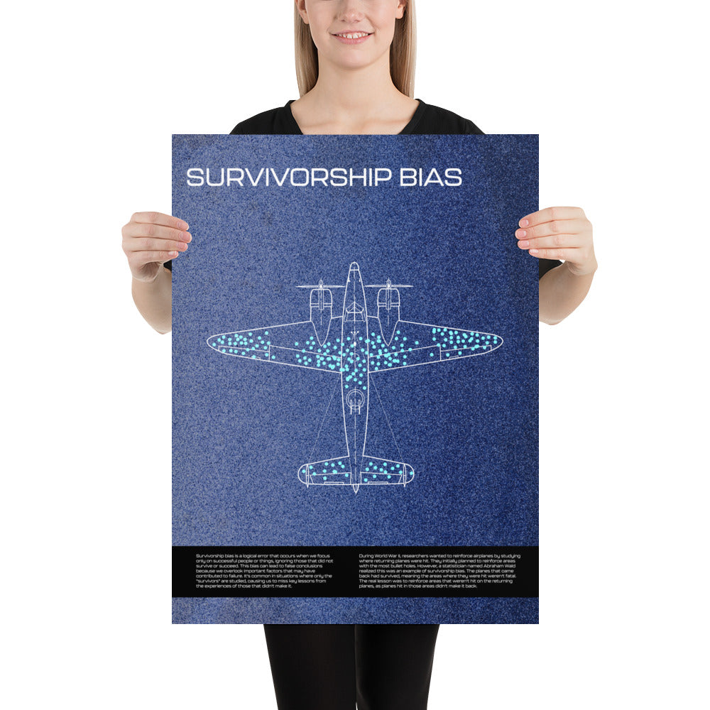 Woman holding the Informative blue survivorship bias poster