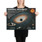 Woman holding a general relativity poster with black hole and stars