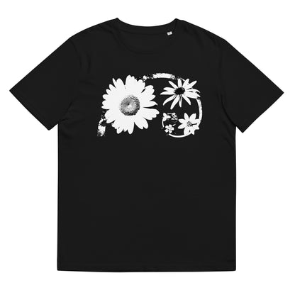 Fibonacci flowers spiral design on a black t-shirt