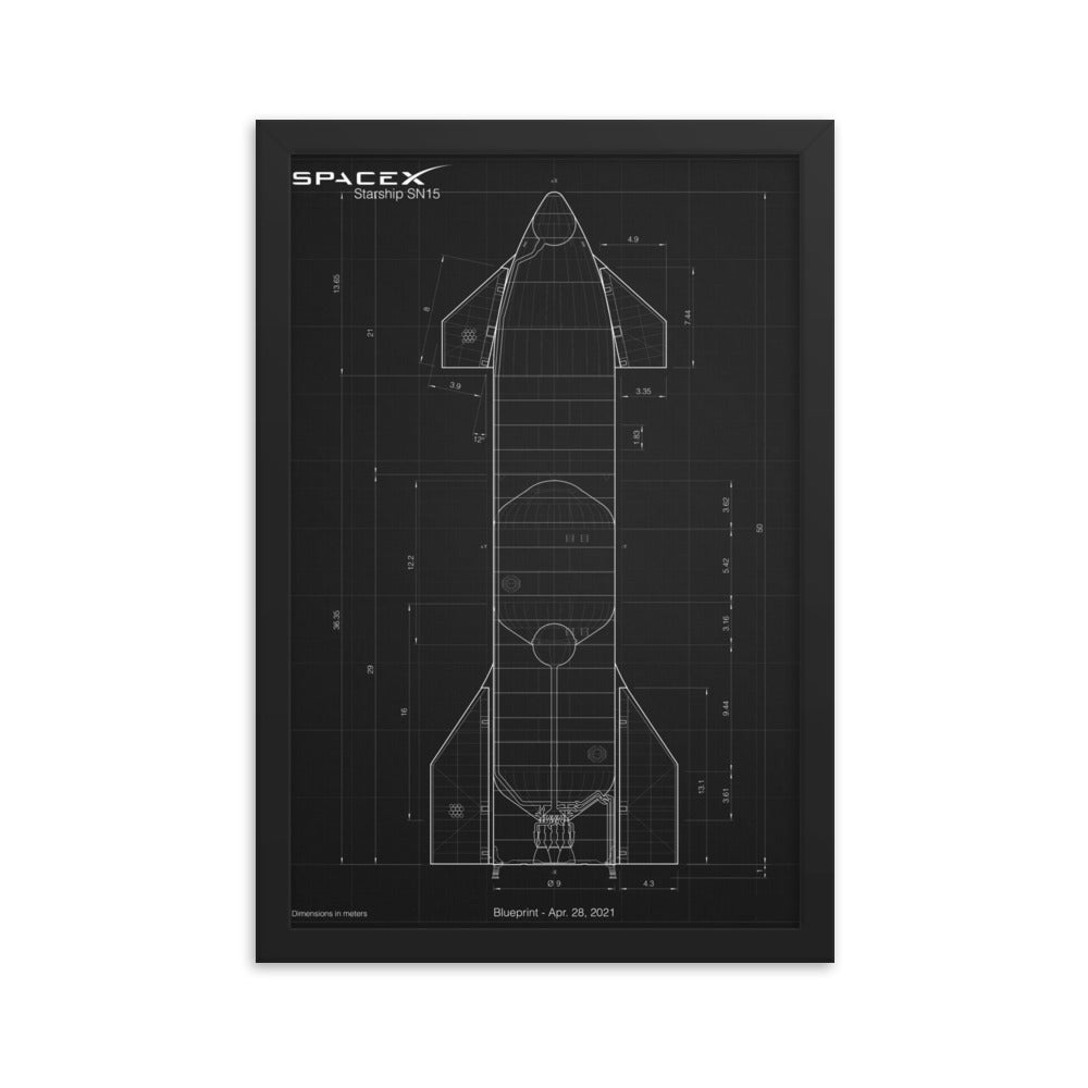 Framed paper poster with spacex starship blueprint design.