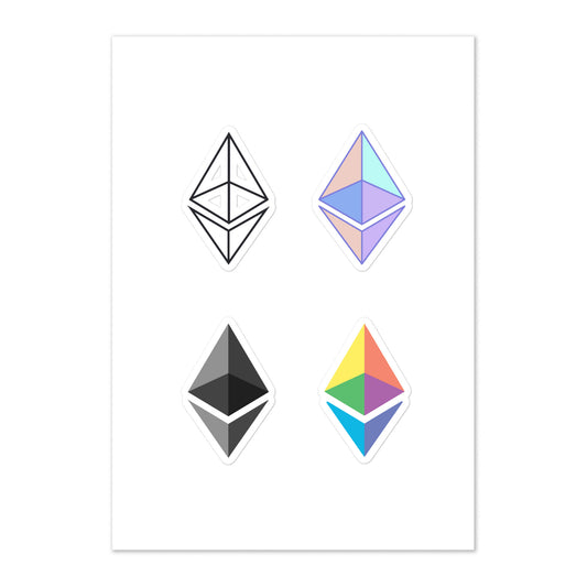 Four stickers featuring Ethereum logo in different color and style variants on a white backround