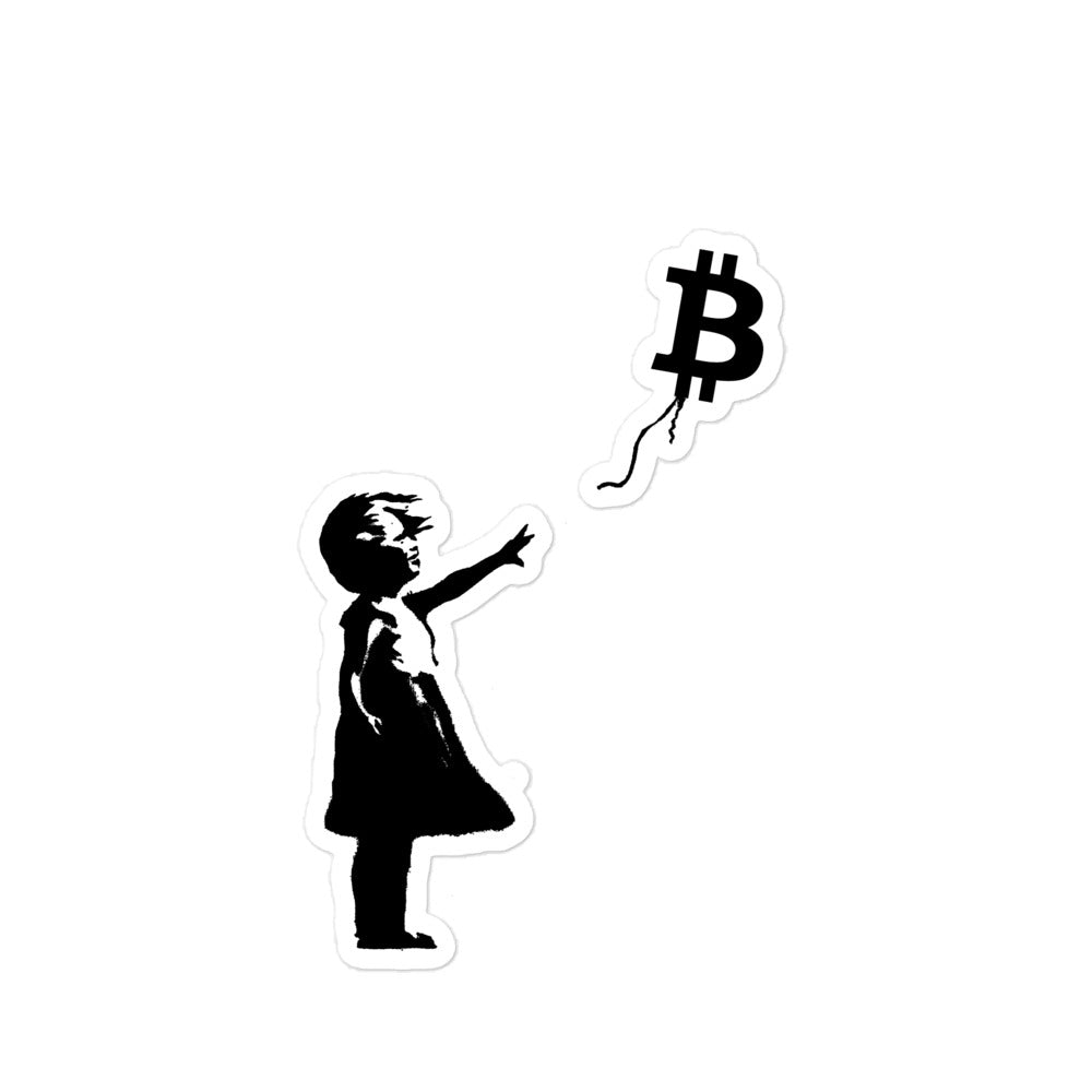 Banksy's balloon girl graffiti with bitcoin logo on a sticker