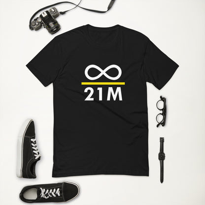 Black infinity divided by 21 million t-shirt with objects in the backround