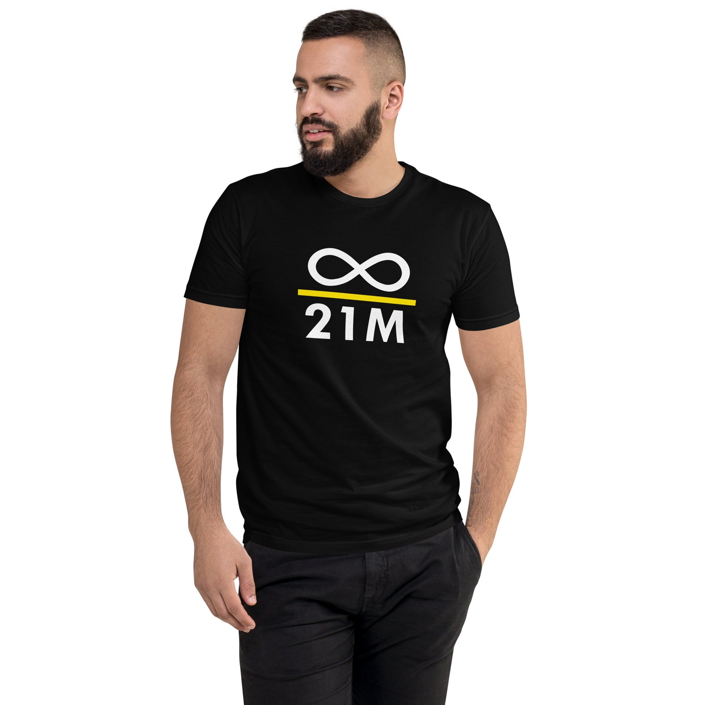 Model wearing a black infinity divided ba 21 million bitcoin design