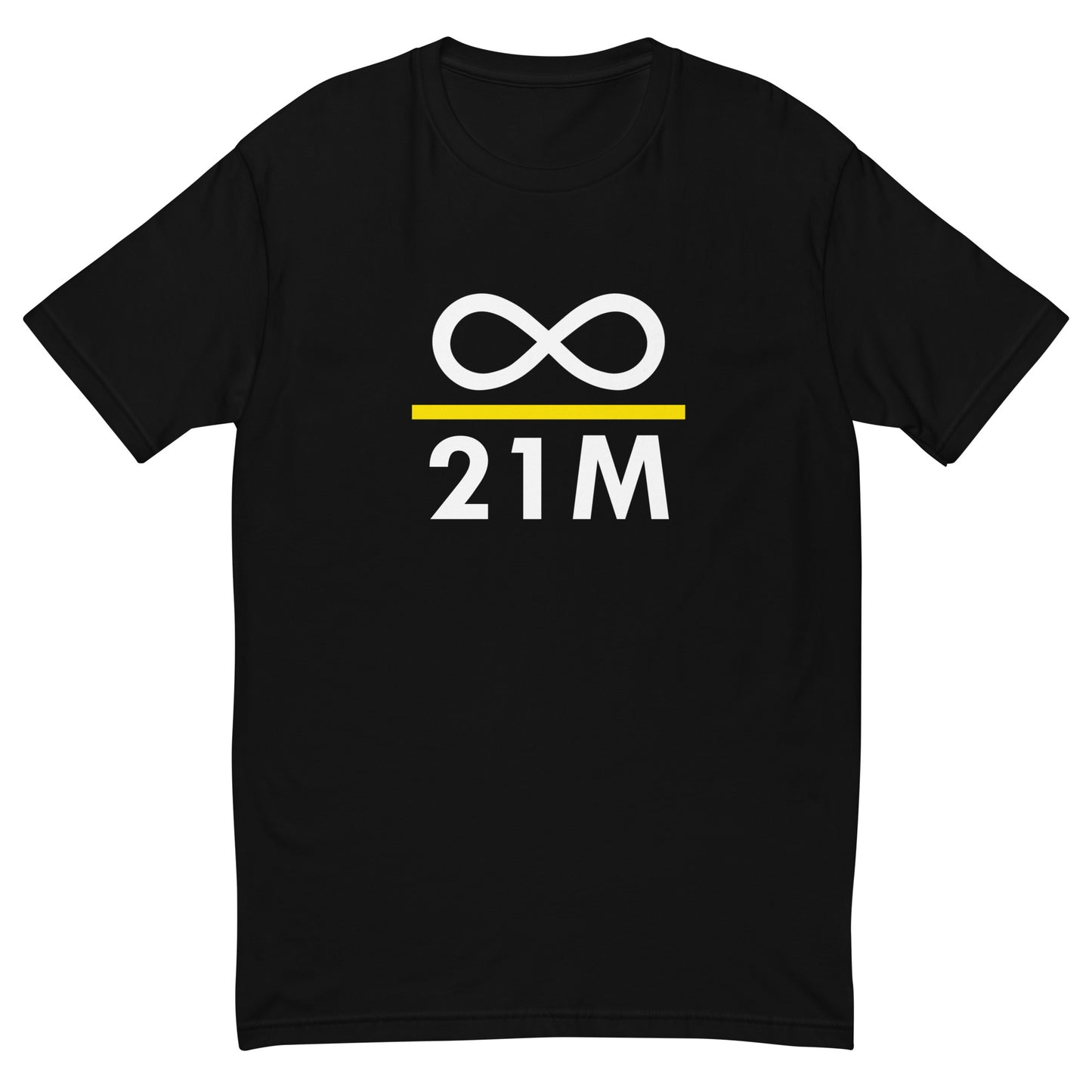 Black t-shirt with white and yellow design where is printed: infinity divided by 21 million