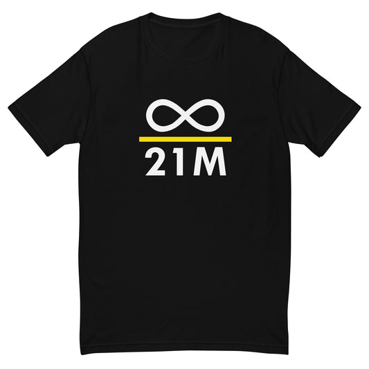 Black t-shirt with white and yellow design where is printed: infinity divided by 21 million