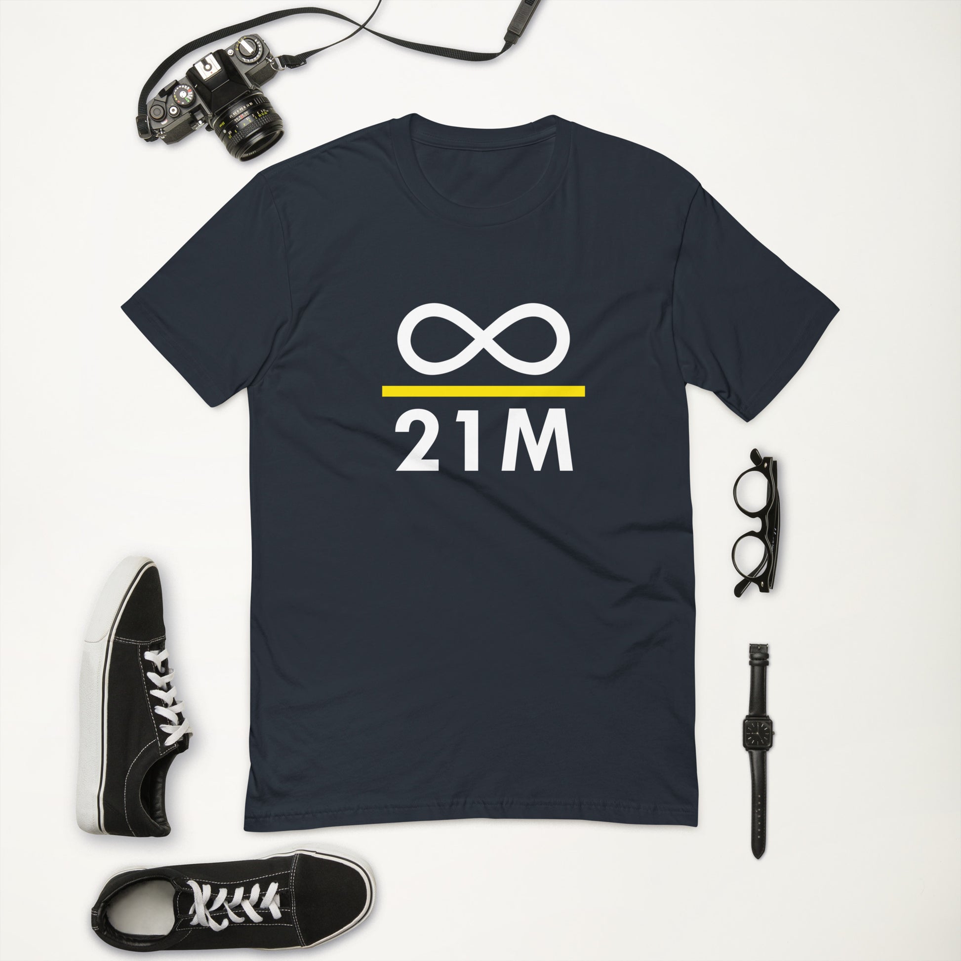 Blue t-shirt with infinity divided by 21 million print