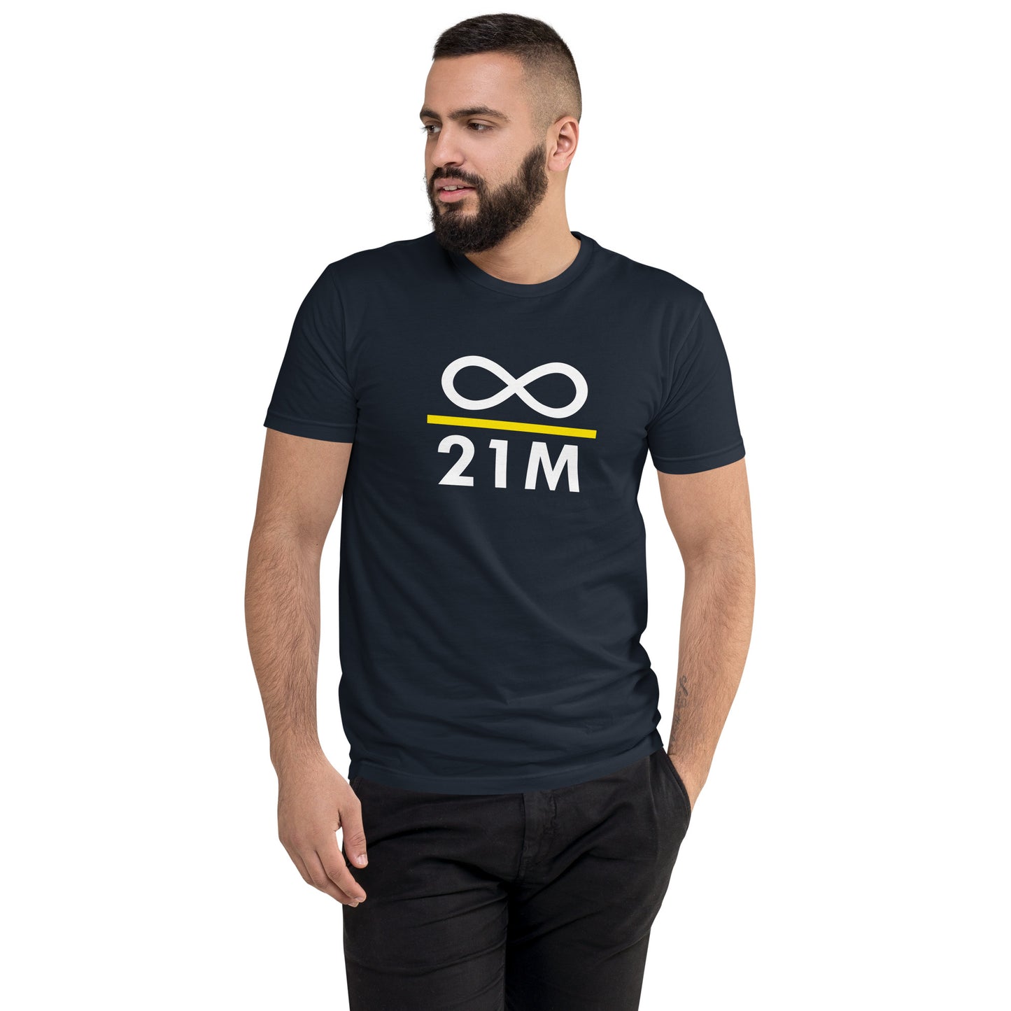 Model wearing a blue infinity divided by 21 million t-shirt