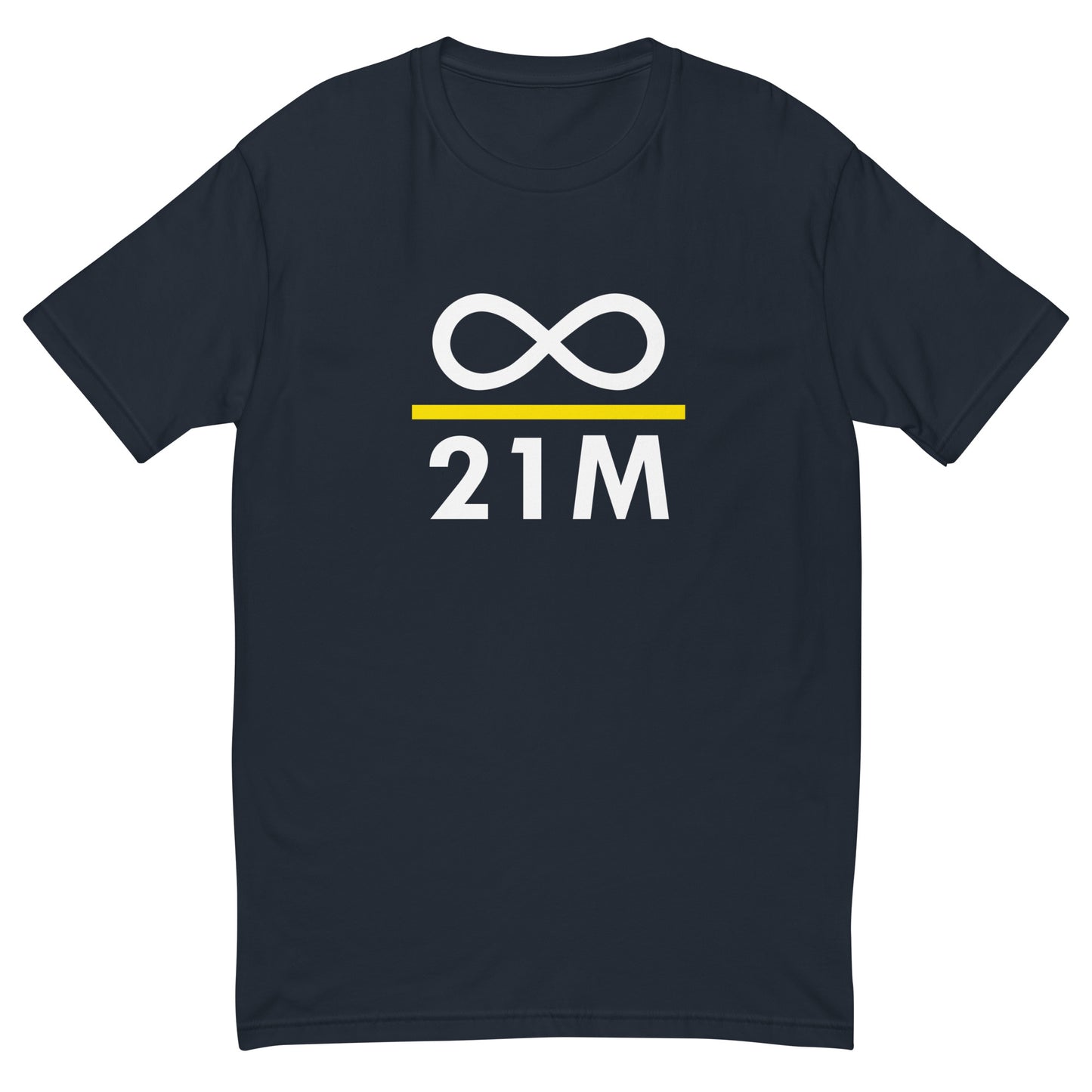 Blue t-shirt with a crypto design infinity divided by 21 million