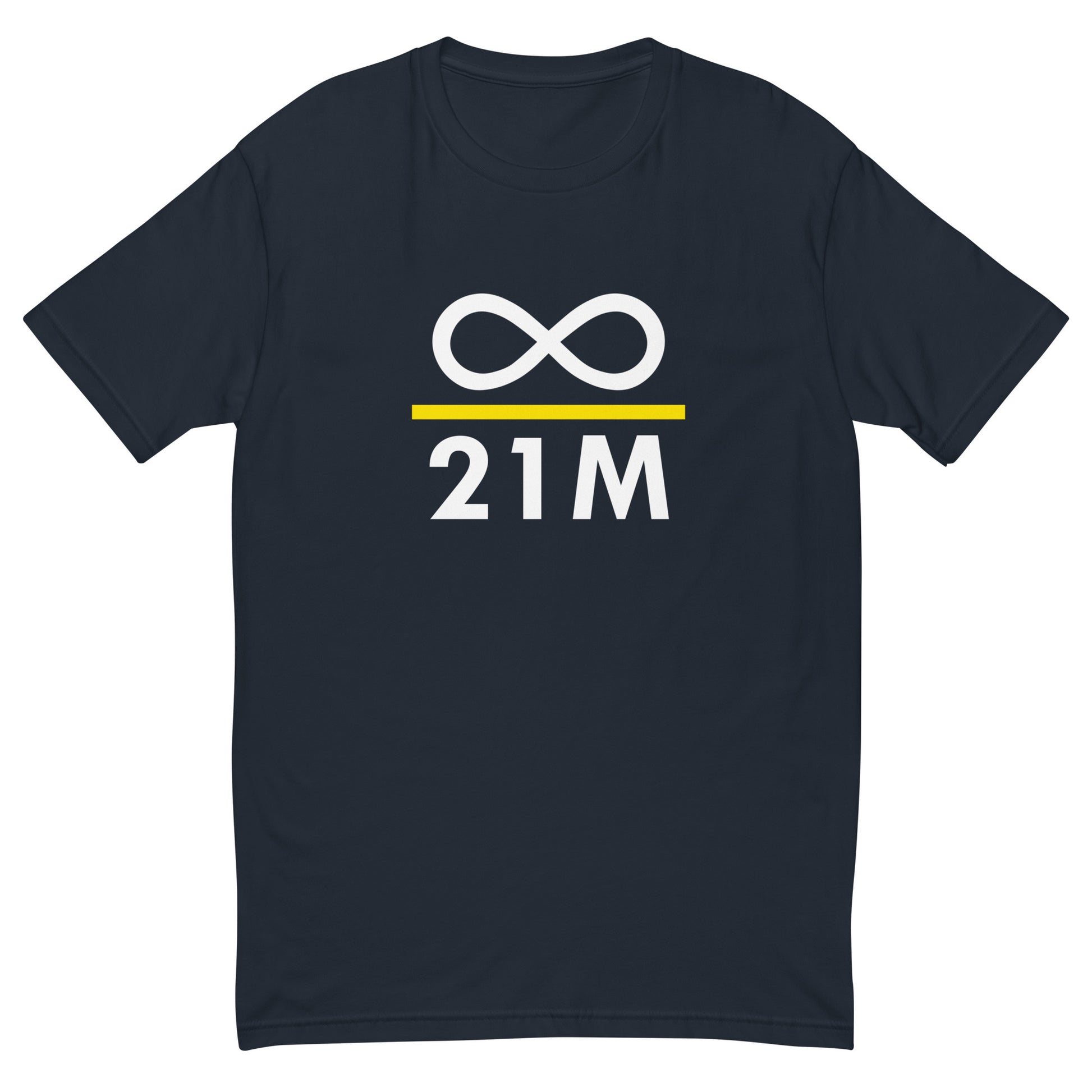 Blue t-shirt with a crypto design infinity divided by 21 million