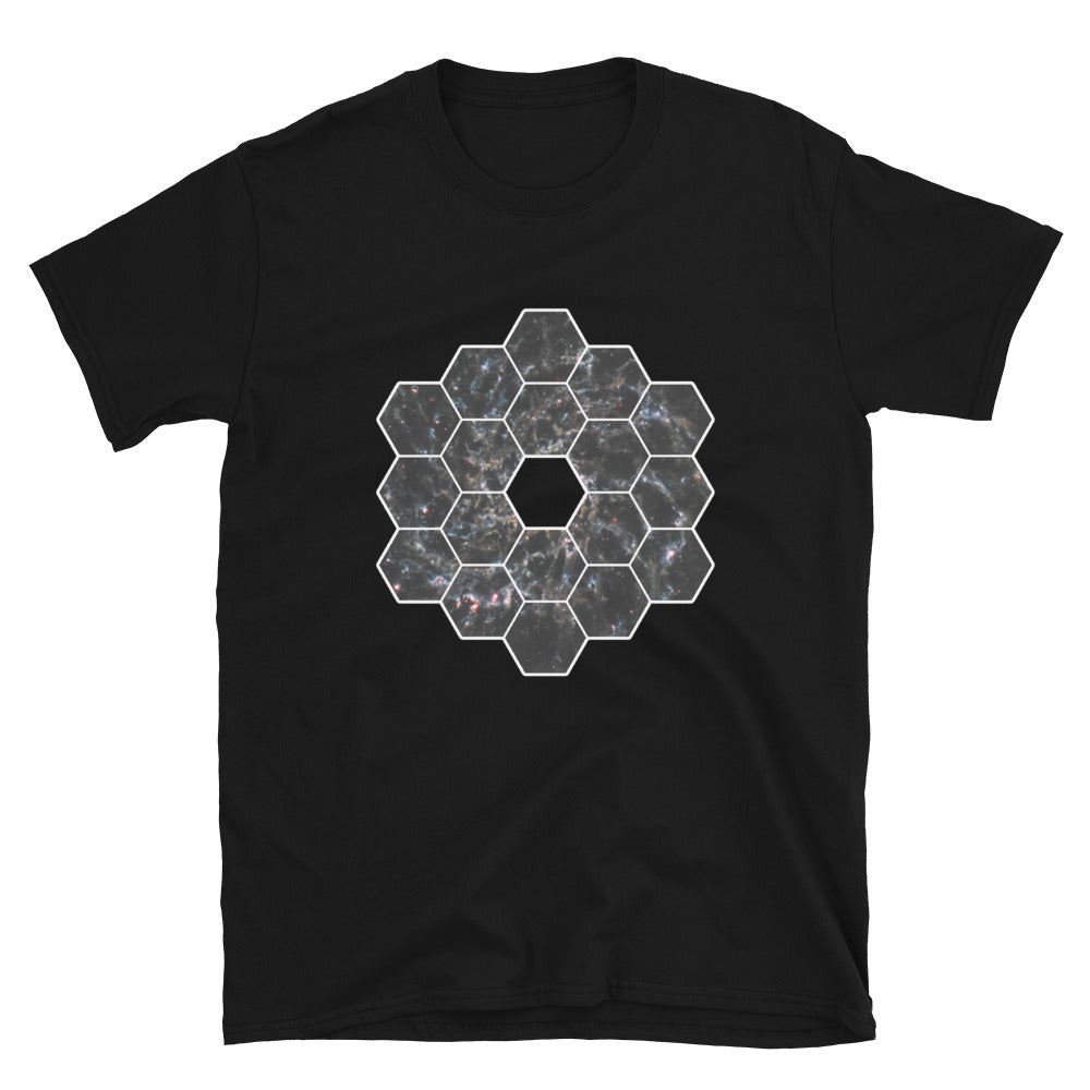 Black t-shirt featuring james webb telescope hexagonal design