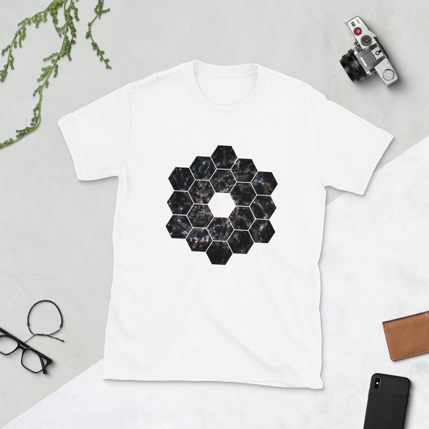 White unisex t-shirt with james webb space telescope design printed on it.