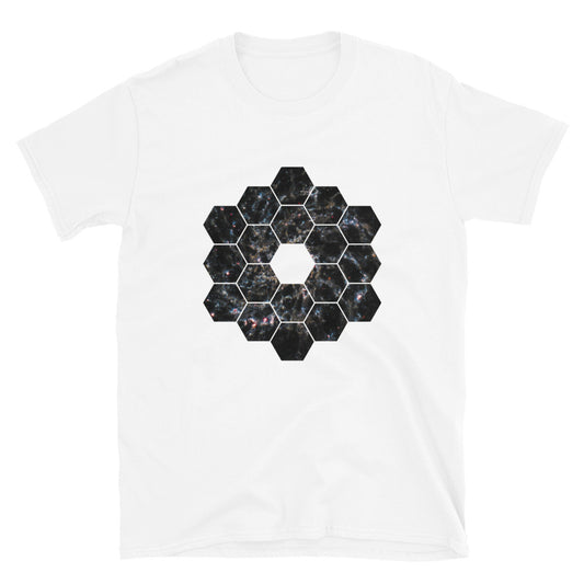 White t-shirt with a hexagon james webb space telescope design print