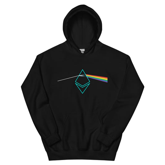 Flat black hoodie with Ethereum prism design on it