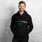 Smiling model posing with a black hoodie that has ethereum prism design printed on it