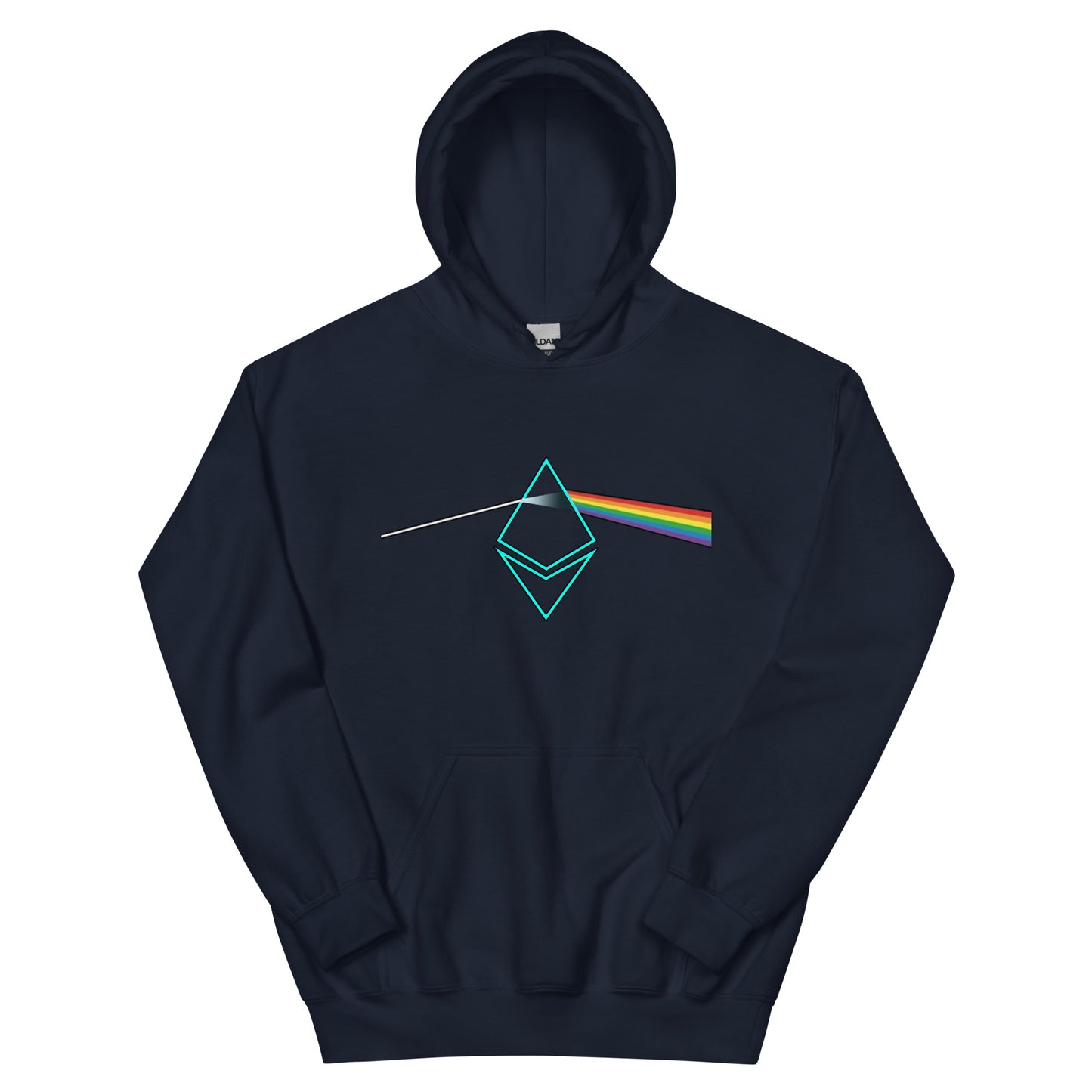 Blue hoodie with ethereum prism design printed on the front