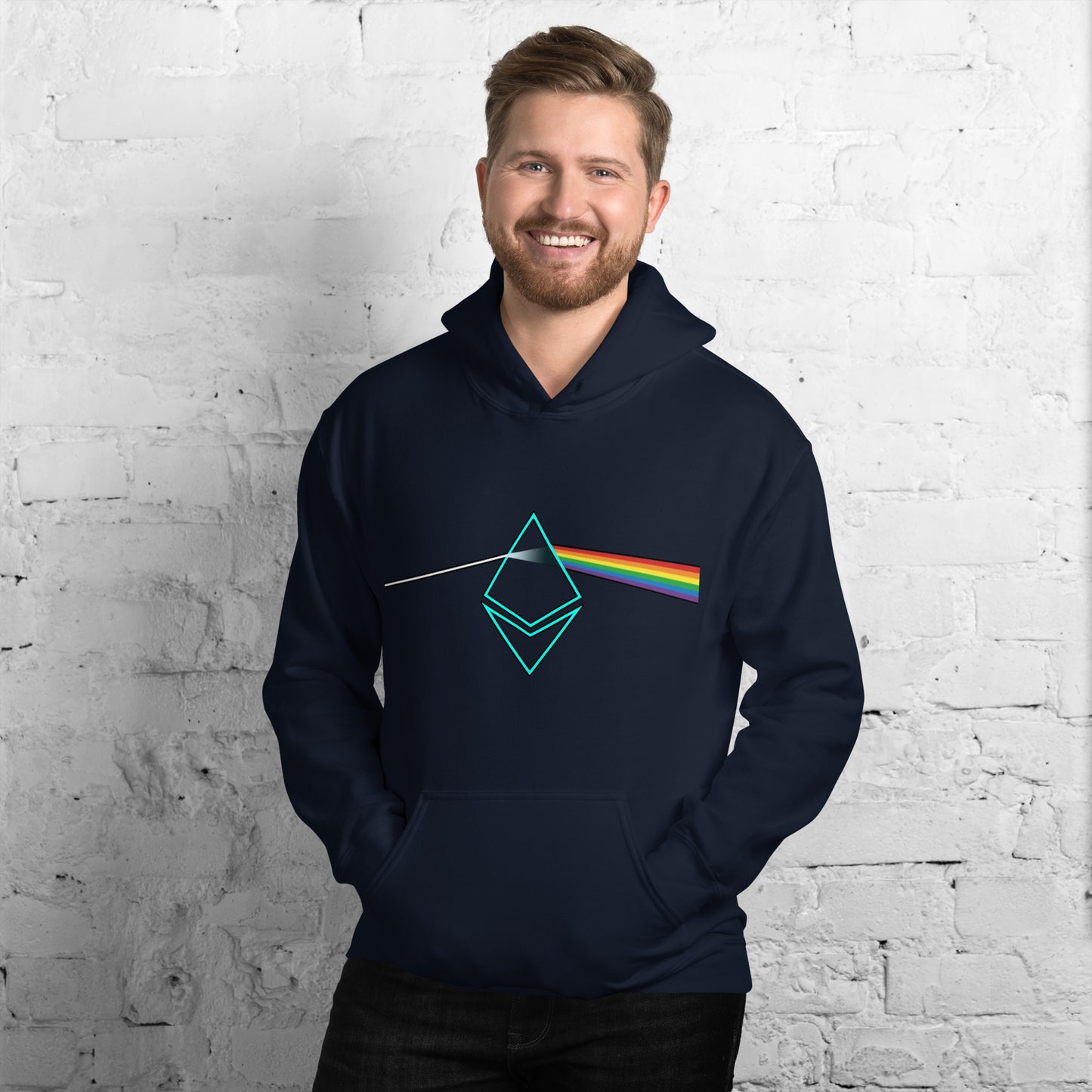 Man with a bue hoodie that has ethereum prism design print on it