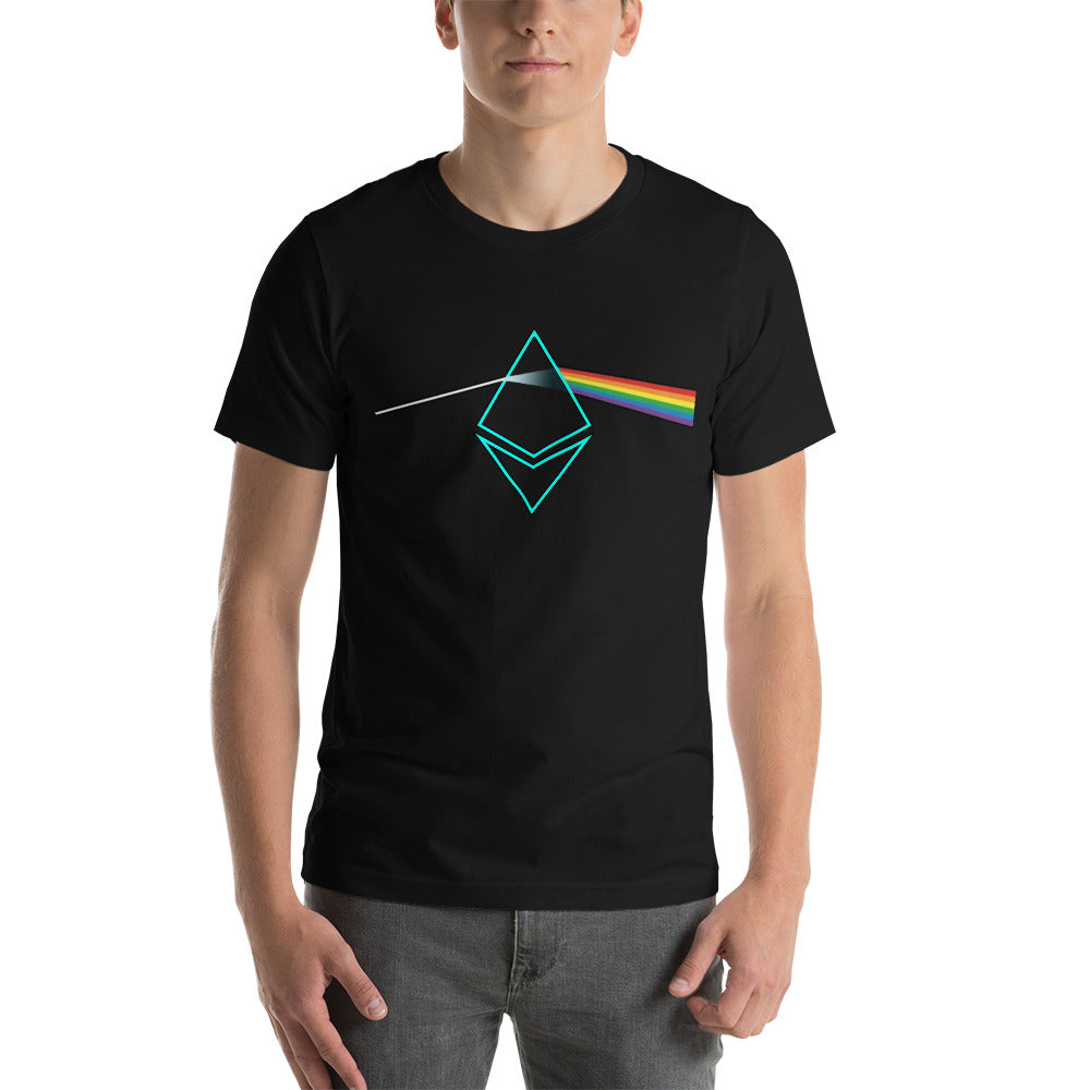 A man wearing black t-shirt with ethereum prism illustration on it