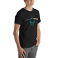 Man wearing black t-shirt with a rainbow crypto themed design 